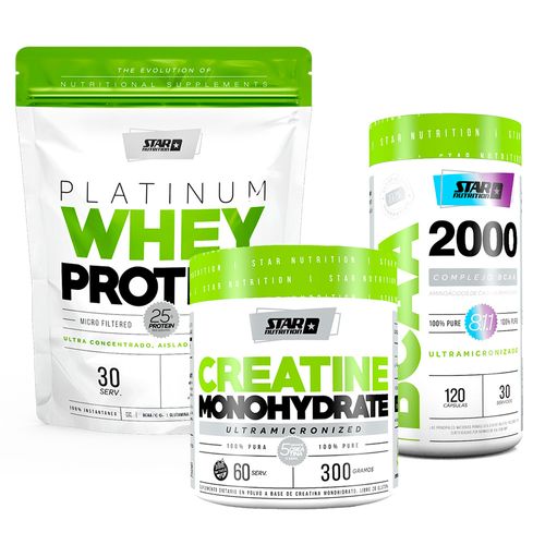 Combo Suplemento Deportivo Star Nutrition Whey Protein Banana, Creatina y BCAA 2000
