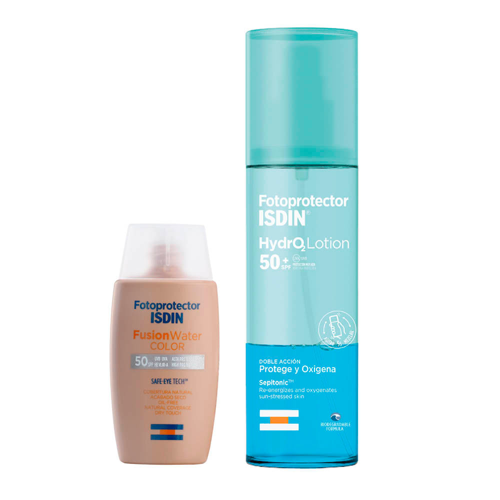 Combo Isdin Protector Solar Fusion Water Fps50 Color y Hydro Lotion Isdin Set Fw Cc + Hydro Lotion