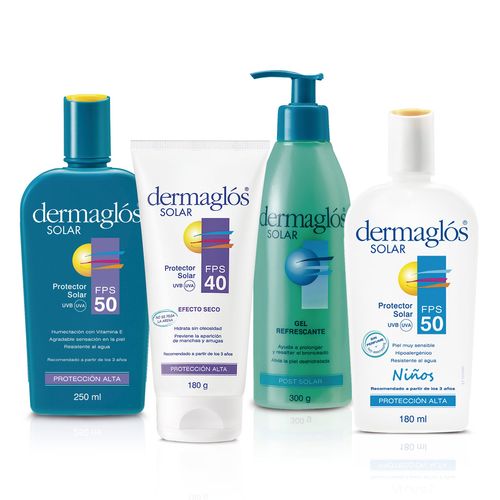 Combo Dermaglos Solar Fps50, Pediatrico, Post Solar y Efecto Seco Fps40