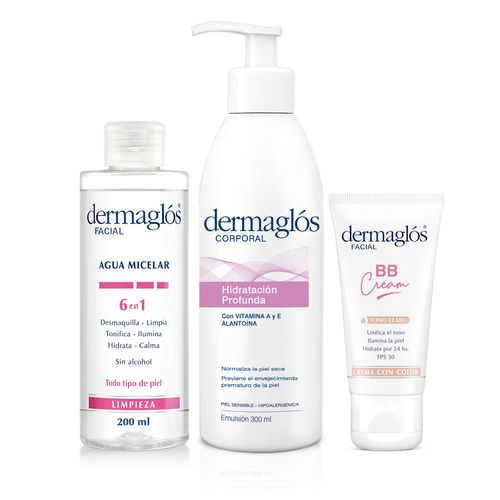 Combo Dermaglos Micelar, BB Tono Claro e Hidratacion Profunda