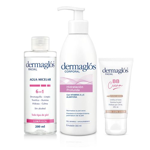 Combo Dermaglos Micelar, BB Tono Medio e Hidratacion Profunda