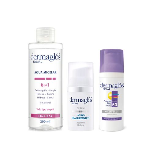 Combo Facial Dermaglos Agua Micelar, Serum y Protector Solar