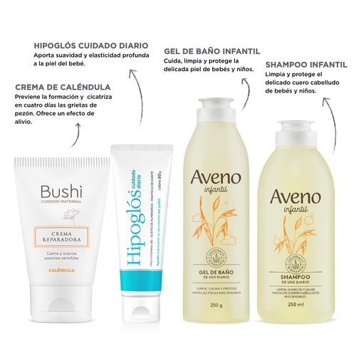 Combo Crema Hipoglos, Limpieza Aveno Infantil y Crema Bushi