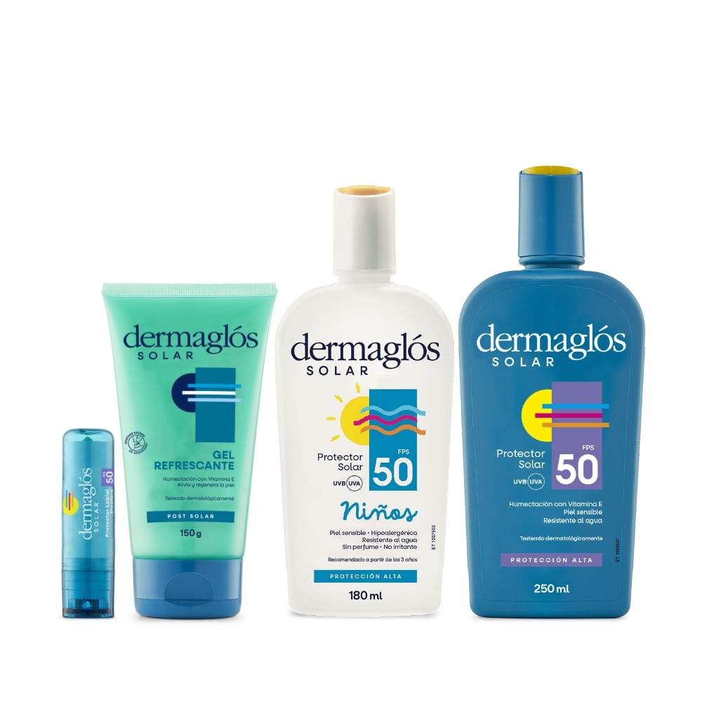 Combo Protector Solar Dermaglos Familiar Fps50 con Labial Dermaglos Set Solar 50Lb+Em+Pt+N