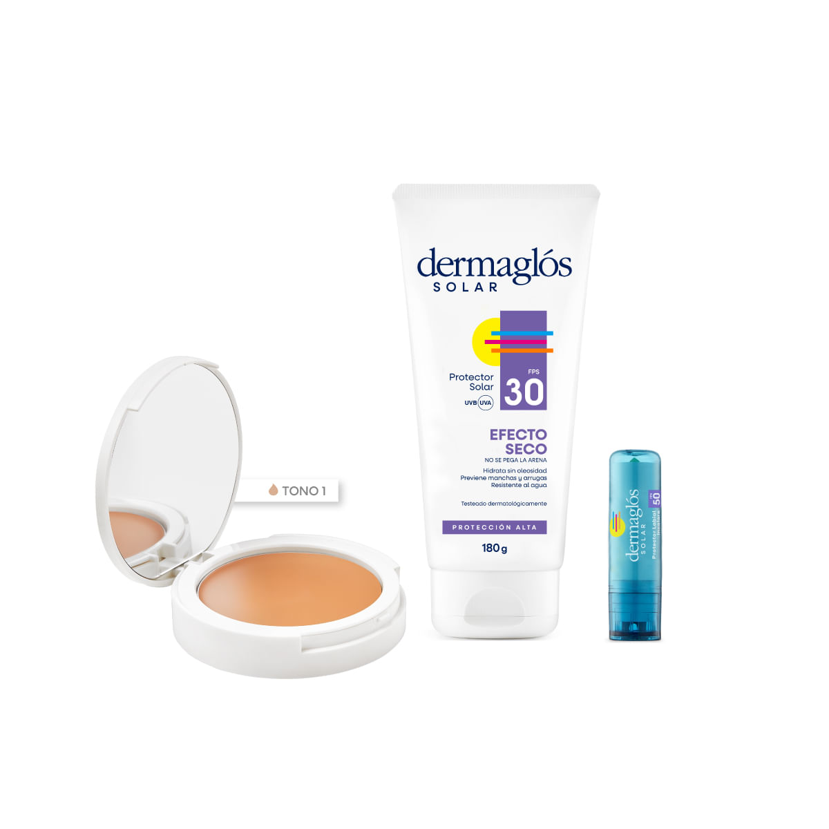 Combo Protector Solar Dermaglos Corporal, Compacta T1 y Labial Dermaglos Set Solar Cmt1+Se30+Lb