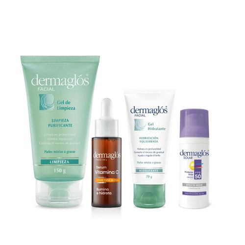 Combo Facial Dermaglos Rutina Piel Mixta agrasa y Serum Vit C