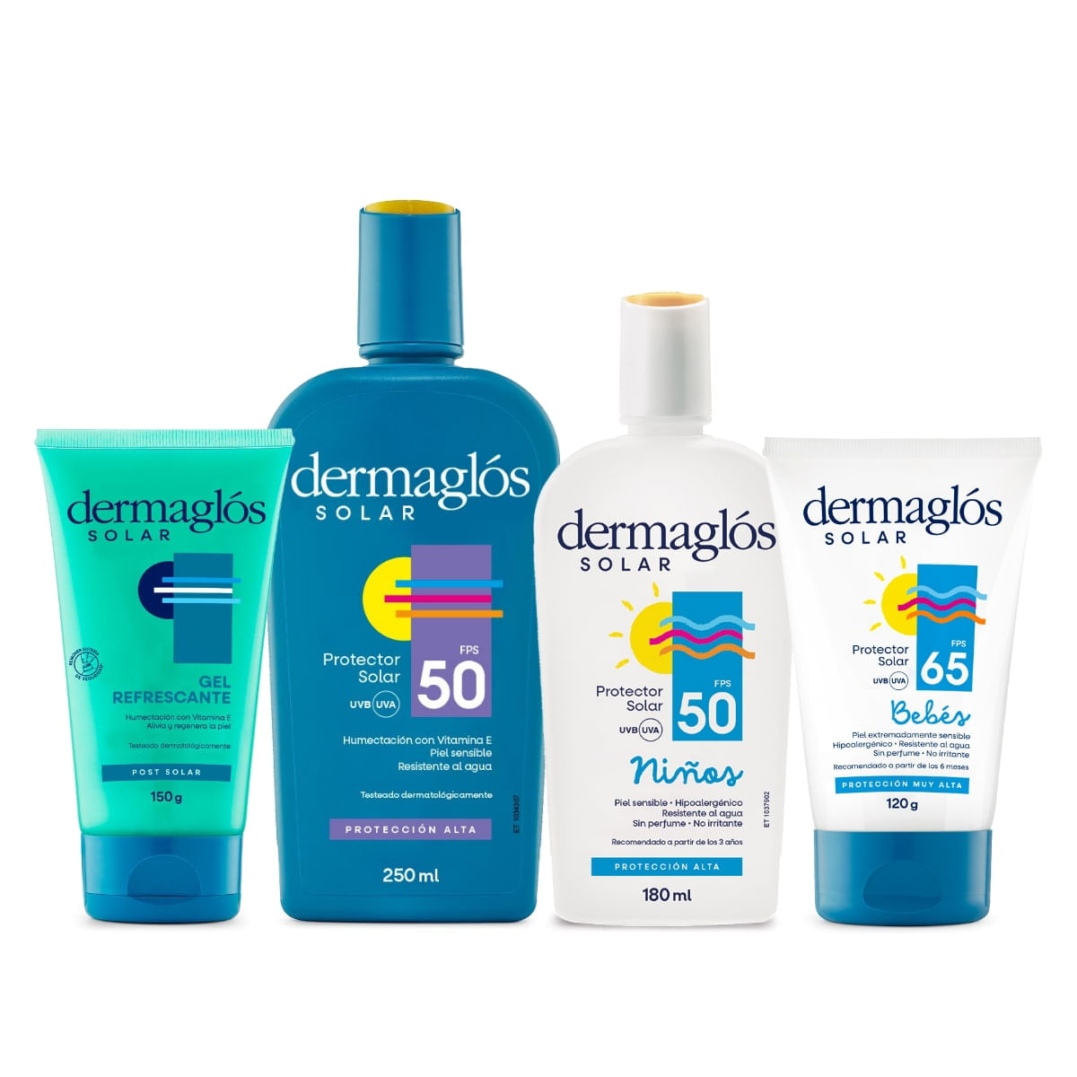Combo Protector Solar Familiar Dermaglos Completo Dermaglos Set F50+Niñ+F65+Pst150