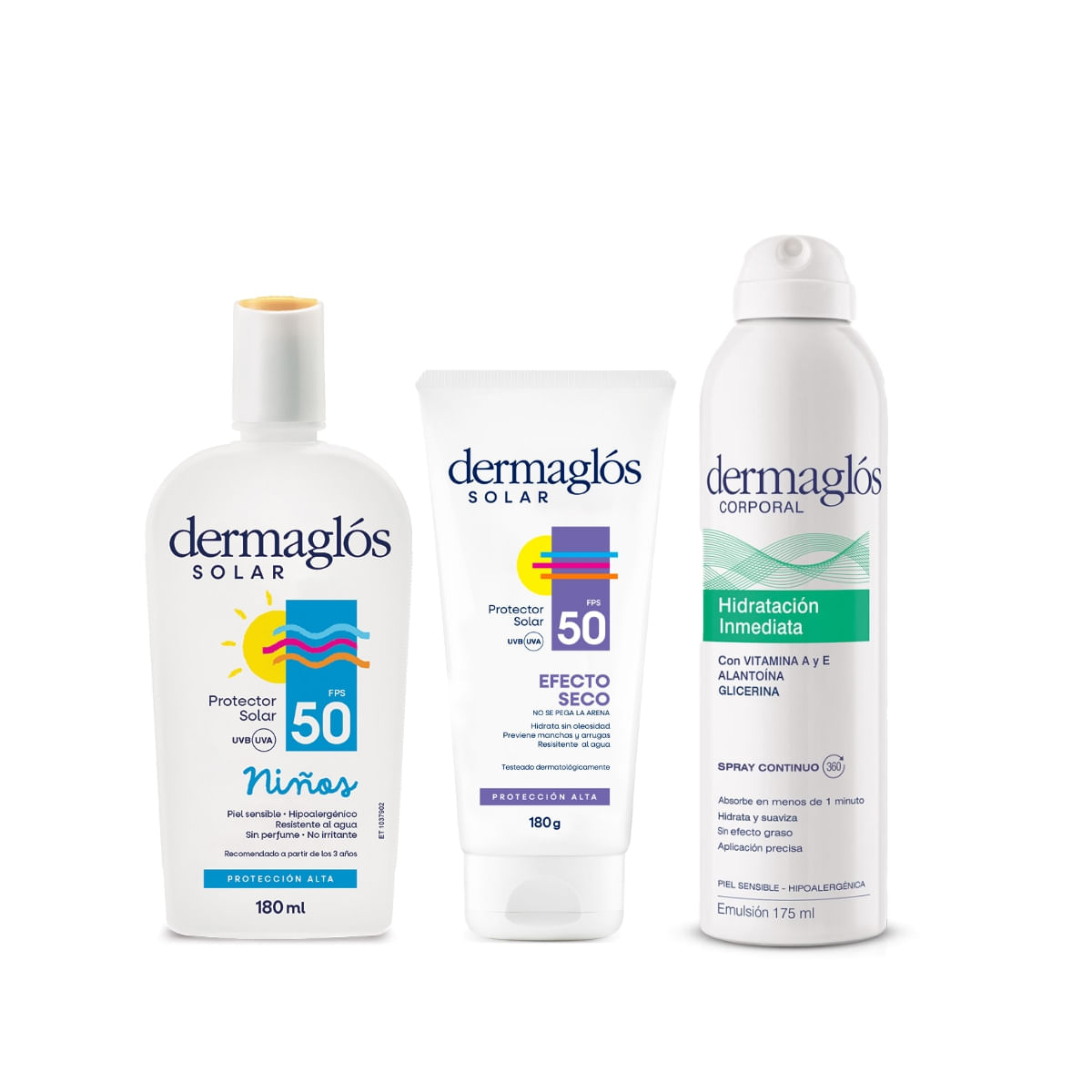 Combo Protector Solar Dermaglos e Hidratacion Inmediata Dermaglos Set Efs 180+Niñs+Hi Sp