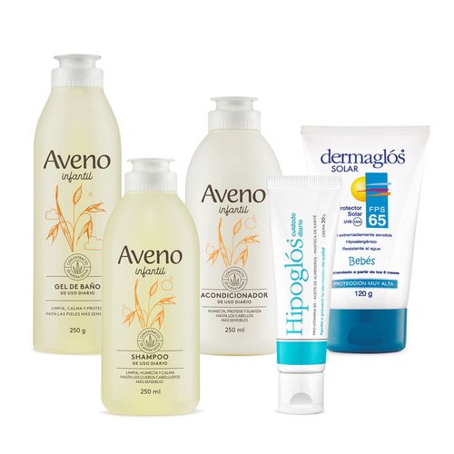 Combo Cuidado Infantil Aveno, Dermaglos Solar Fp65 e Hipoglos