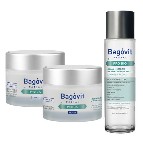 Combo Bagovit Pro Bio Crema Dia, Noche y Agua Micelar