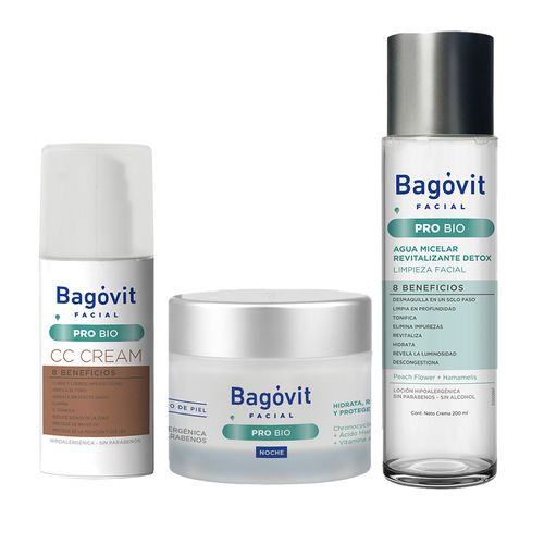 Combo Bagovit Pro Bio Crema Color, Noche y Agua Micelar