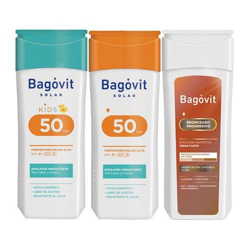 Combo Bagovit Protector Solar Fps50 Corporal, Pediatrico y Autobronceante