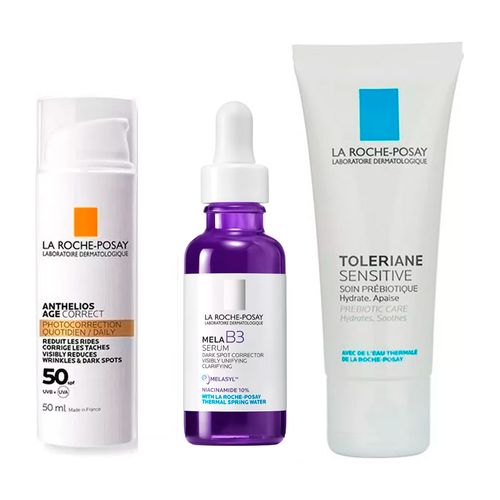 Combo La Roche Posay Mela B3 Serum, Toleriane Sensitive y Anthelios Age Correct