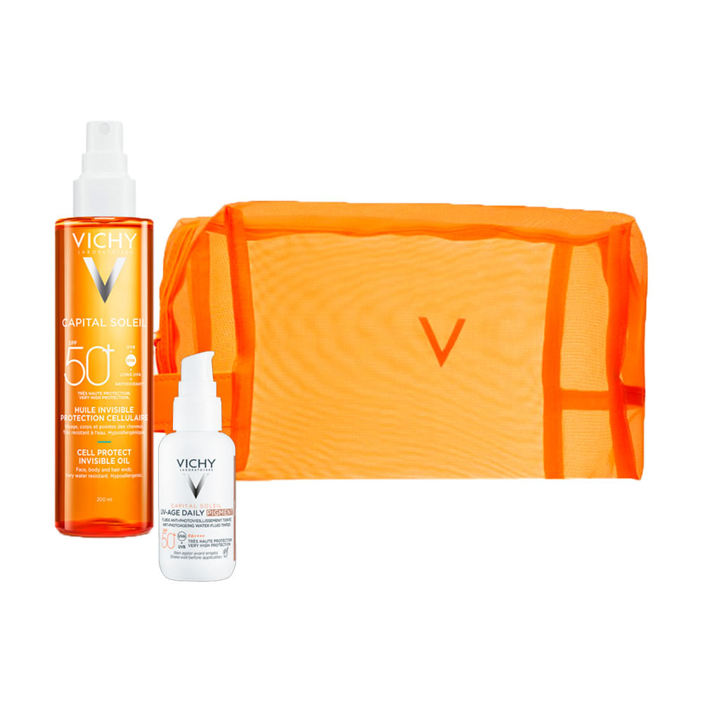 Protector Solar Facial Vichy UV Daily Fps50 Cell Protect Aceite Corporal y Neceser BOM Vichy Bom Solar Uv Daily + Aceite