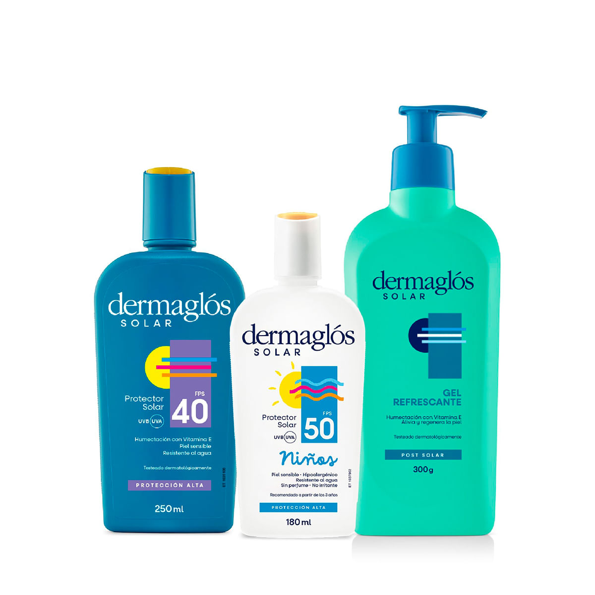 Combo Protector Solar Dermaglos Familiar y Gel Post Solar Dermaglos Set Fps40+Niños+Gelps